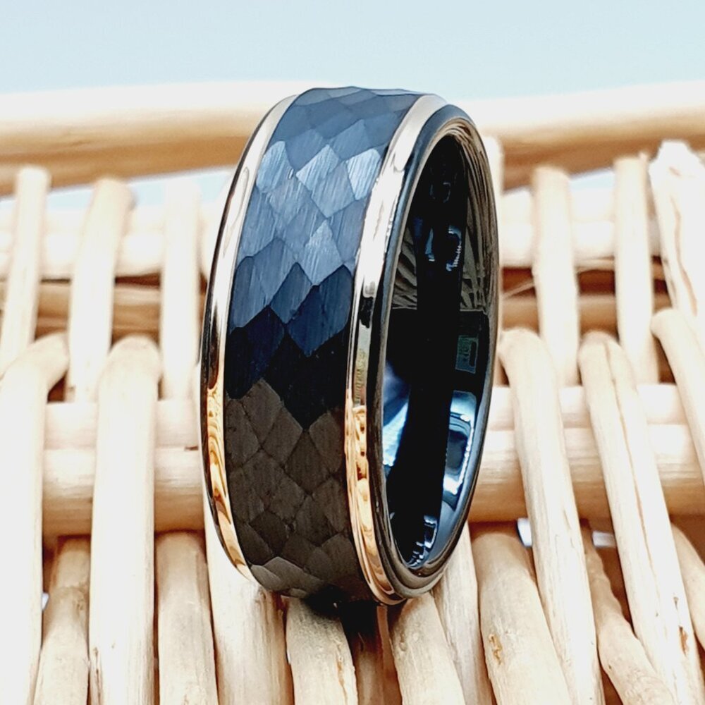 Black Rose Gold Hammered Tungsten Ring, Couple Ring, GALTUN699
